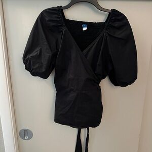 Black Puff Sleeve Wrap Top